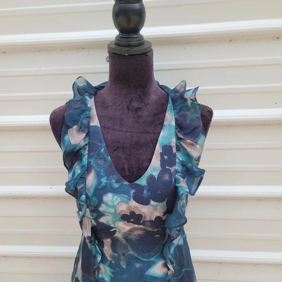 Ann Taylor LOFT Gray Turquoise Blue Watercolor Sheath Ruffle Dress V-Neck Sz 6 - Picture 4 of 12